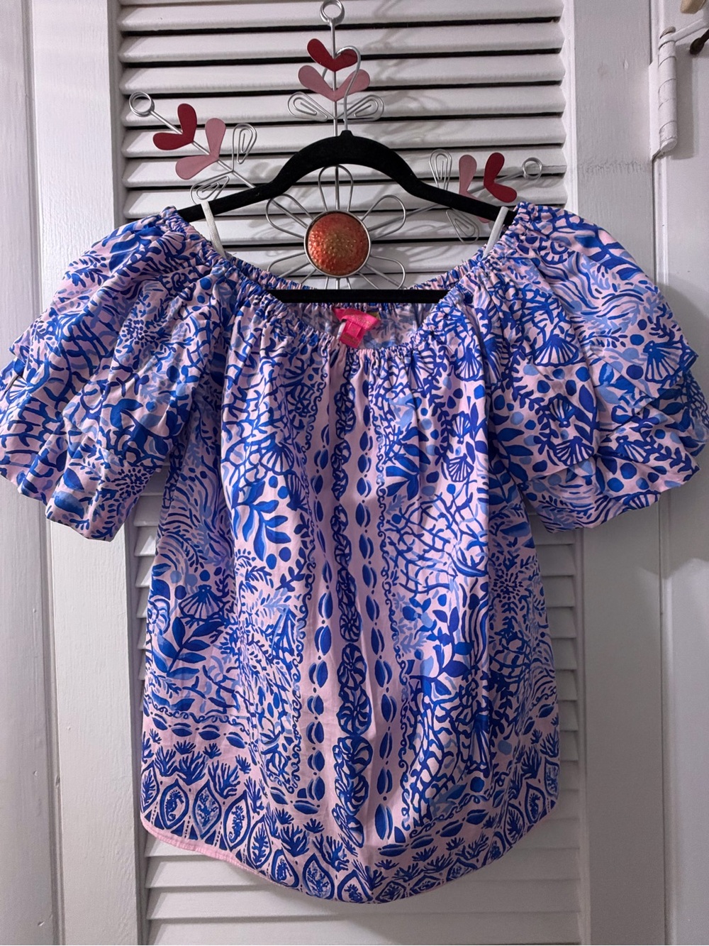 Lilly Pulitzer pink/ blue size small,Floral Off-Shoulder Puff Sleeve Top - Women